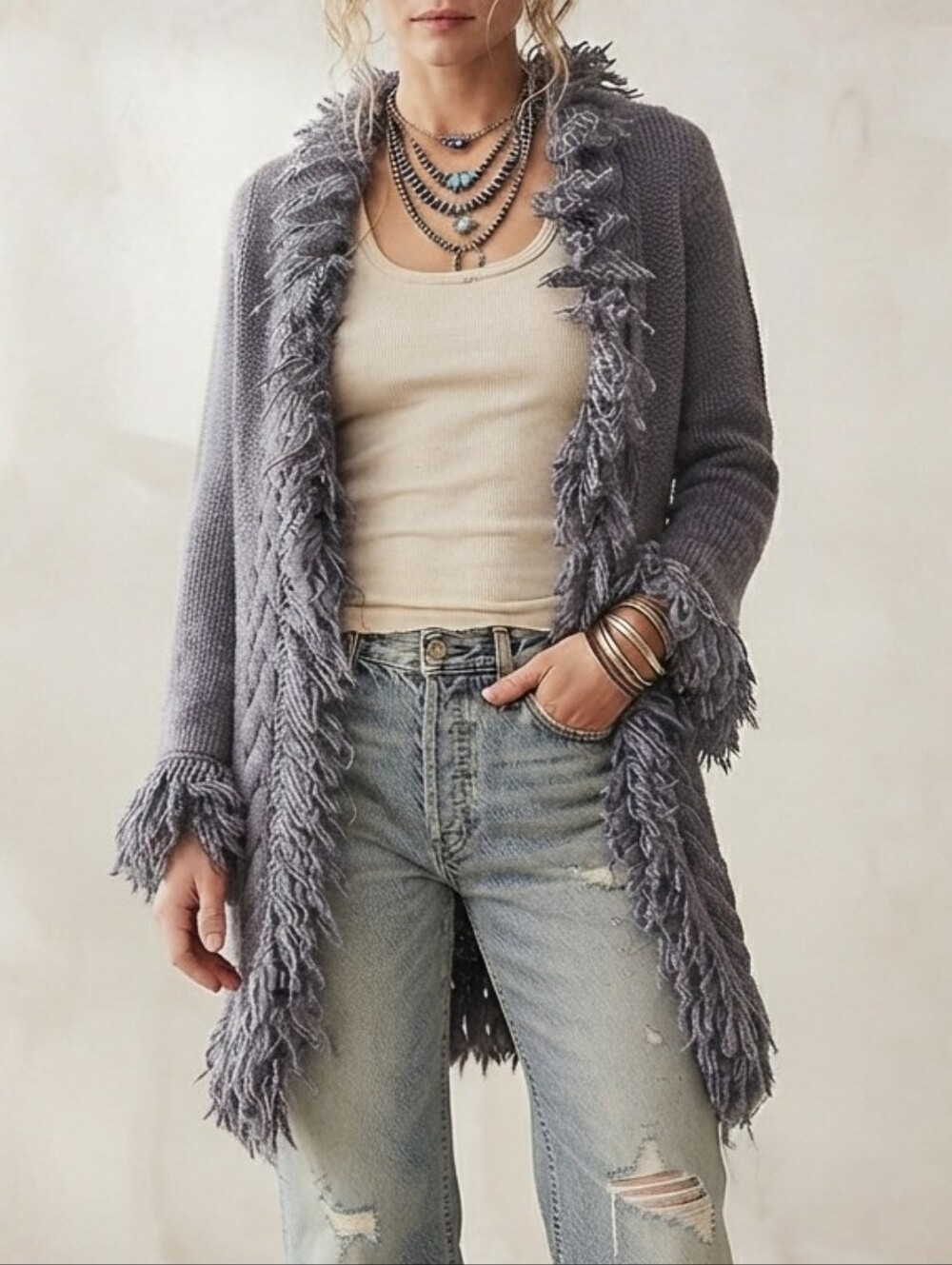 Y2K Wool Blend Penny Lane Cardigan Purple Fringe Cuff And Collar Cabel Knit Sz L